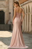 Mermaid Ruched Corset Satin Blush Prom Dress with Appliques