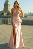 Mermaid Ruched Corset Satin Blush Prom Dress with Appliques