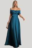 Peacock Blue Satin A Line Off the Shoulder Maxi Dress