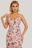 Sheath Flower Printed Blush A Line Maxi Dress with Slit