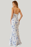 Floral Blue Mermaid Spaghetti Straps Maxi Dress with Slit