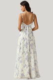 A Line Spaghetti Straps Purple Flower Printed Maxi Dress