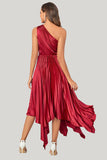 Burgundy Asymmetrical A Line One Shoulder Tea Length Midi Dress