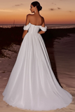 Elegant Ivory Off the Shoulder Organza A-Line Long Wedding Dress