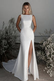 Simple Ivory Boat Neck Slit Satin Wedding Dress