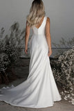 Simple Ivory Boat Neck Slit Satin Wedding Dress