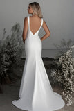 Simple Ivory Boat Neck Slit Satin Wedding Dress