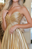 Pleated A Line Metallic Satin Gold Prom Dress