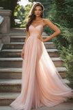 Blush Tulle A Line Pleated Sweetheart Prom Dress with Slit