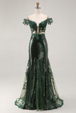 Sequined Off the Shoulder Mermaid Dark Green Prom Dress