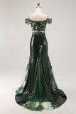 Sequined Off the Shoulder Mermaid Dark Green Prom Dress