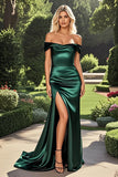 Off the Shoulder Sheath Dark Green Satin Prom Dress with Slit