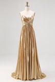 Gold Pleated A Line Metallic Satin Prom Dress