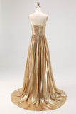 Pleated A Line Metallic Satin Gold Prom Dress