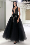 A Line Tulle Beaded V Neck Black Prom Dress