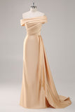Champagne One Shoulder Satin Formal Dress with Sash