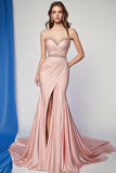 Blush Mermaid Beaded Ruched Strapless Formal Dress with Front Slit