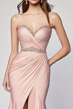 Blush Mermaid Beaded Ruched Strapless Formal Dress with Front Slit