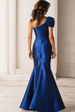Dark Blue Satin Mermaid Pleated One Shoulder Military Ball Dress