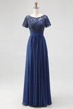 Chiffon A-Line Navy Mother Of the Bride Dress with Appliques