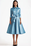 Blue A Line Flared Front Button Closures Midi Formal Dress with Long Sleeves