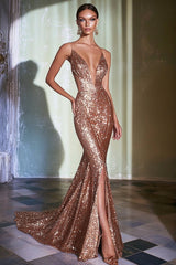 Berylove Women Rose Gold Formal Dress With Slit Sequin Mermaid Cut Out Deep V-Neck Spaghetti Straps Long Formal Wear Dress