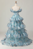 Off The Shoulder Blue Floral Prom Dress With Ruffles