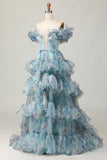 Off The Shoulder Blue Floral Prom Dress With Ruffles