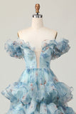 Off The Shoulder Blue Floral Prom Dress With Ruffles