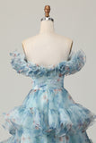 Off The Shoulder Blue Floral Prom Dress With Ruffles