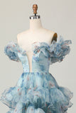 Off The Shoulder Blue Floral Prom Dress With Ruffles