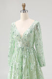 Dusty Sage Sequin A-Line Maxi Prom Dress with Long Sleeves