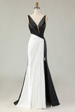 Black and White Mermaid V Neck Long Formal Dress