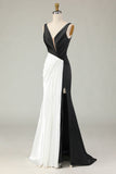 Black and White Mermaid V Neck Long Formal Dress