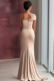 Light Khaki One Shoulder Sheath Pleated Satin Gala Dress