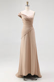 One Shoulder Light Khaki Sheath Pleated Formal Dress
