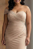 One Shoulder Light Khaki Sheath Ruched Plus Size Formal Dress