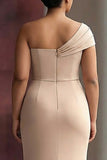 One Shoulder Light Khaki Sheath Ruched Plus Size Formal Dress