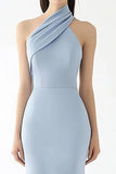 Light Blue Halter Crepe Sheath Gala Dress