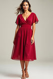 Red A Line V Neck Chiffon Midi Wedding Guest Dress