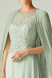 Elegant Mint A-Line Scoop Chiffon Beaded Long Mother of the Bride Dress with Cap