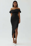 White Sheath Off the Shoulder Matte Satin Asymmetrical Graduation Dress