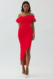 White Sheath Off the Shoulder Matte Satin Asymmetrical Graduation Dress