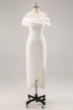 White Sheath Off the Shoulder Satin Engagement Dress