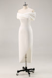 White Sheath Off the Shoulder Satin Engagement Dress