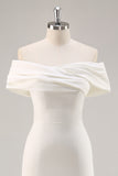 White Sheath Off the Shoulder Satin Engagement Dress