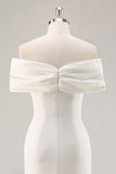 White Sheath Off the Shoulder Satin Engagement Dress