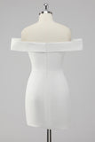Simple Sheath Off the Shoulder Satin Short White Graduation Dress