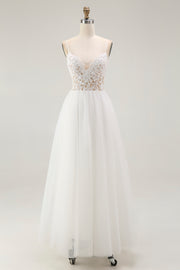 White A Line Spaghetti Straps Lace Engagement Dress