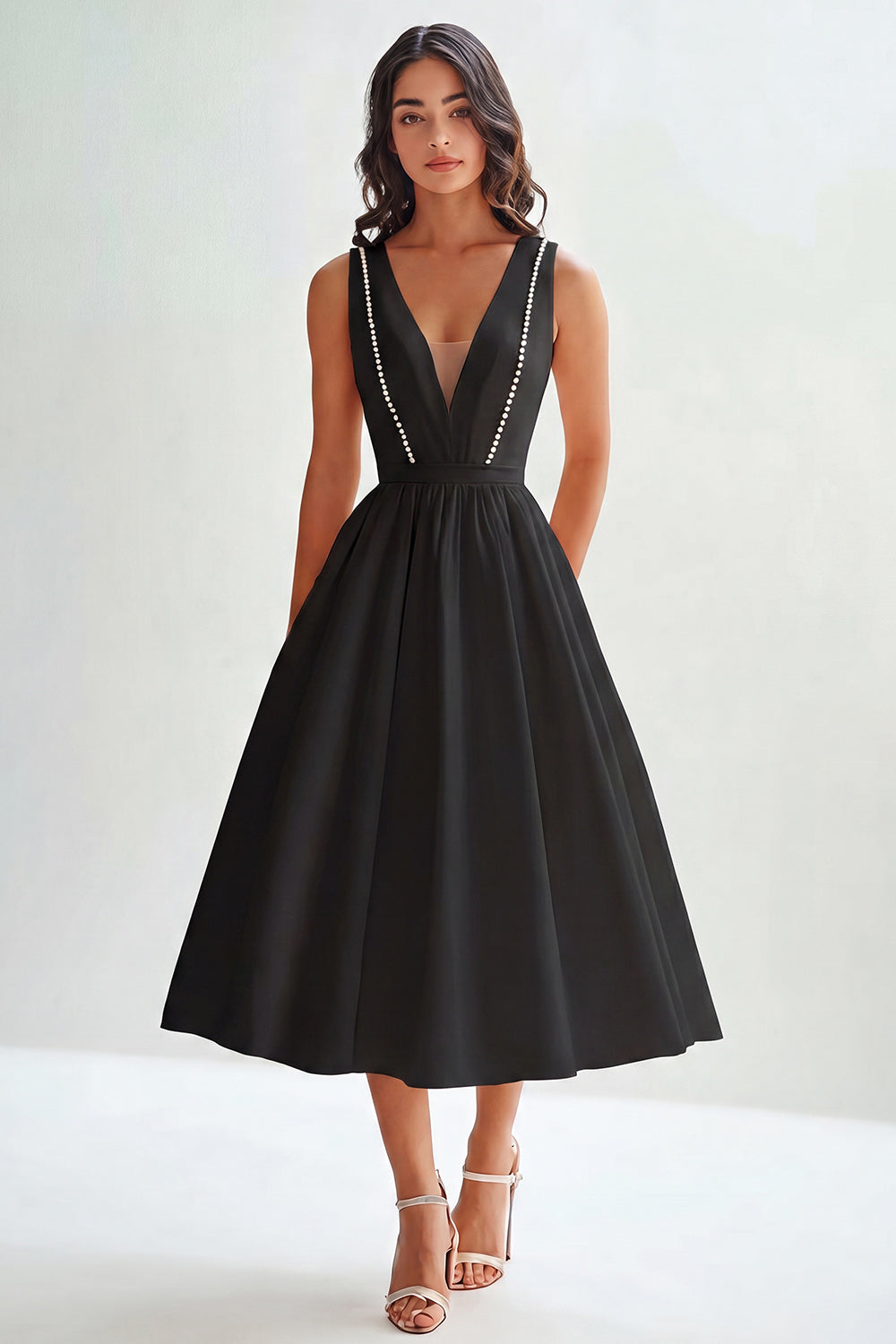 graduation dress midi length White Satin Strapless Midi V Neck A Line Graduation Dress VOS LEE